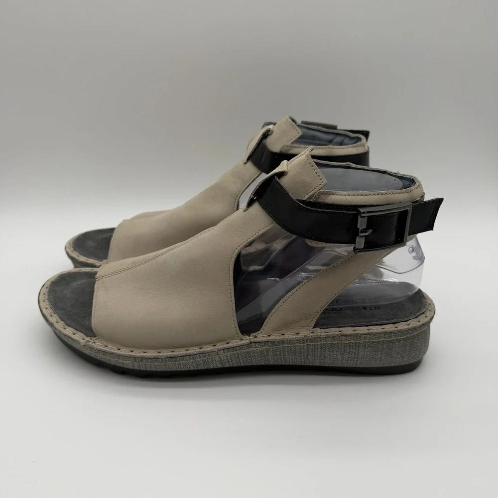 Naot Women's Verbena Leather Wedge Sandals Stone Nubuck Black Strap EU 42 US 11